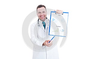 Male medic showing sales and predictions charts