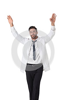 Male medical doctor with raised arms