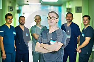 male medical doctors team in hospital hall