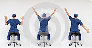 Male medical professional stretching arms and back  sitting on mobile saddle