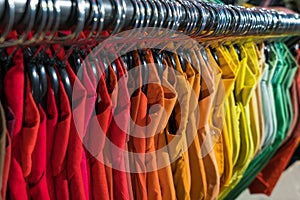 Male Mens Shirts on Hangers in Thrift Shop or Wardrobe Closet Ra