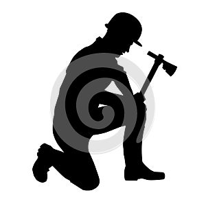 male miner. construction worker holding an adze hatchet axe vector silhouette.