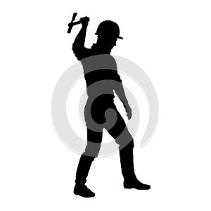 male miner. construction worker holding an adze hatchet axe vector silhouette.