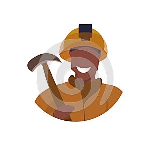 Male miner holding pick axe face avatar happy man in orange uniform professional occupation concept coal industry worker