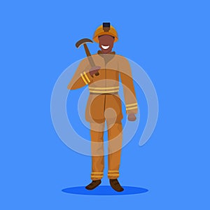 Male miner holding pick axe happy man in orange uniform professional occupation concept coal industry worker full length