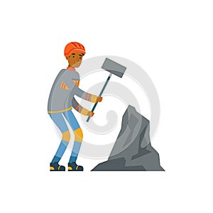 Male miner in uniform working with hammer, professional miner at work, coal mining industry vector Illustration