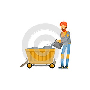 Male miner in uniform working in mine with trolley, professional miner at work, coal mining industry vector Illustration