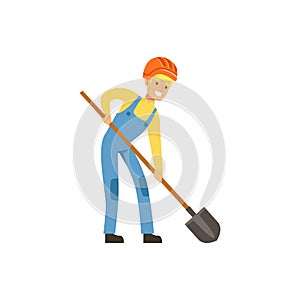 Male miner in uniform working with shovel, professional miner at work, coal mining industry vector Illustration