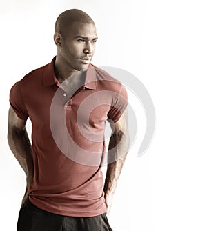 Male model against white background