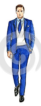 Male Model in a Blue and White Suit Fashion Illustration