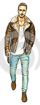 Male model in a bomber jacket and jeans Fashion Illustration