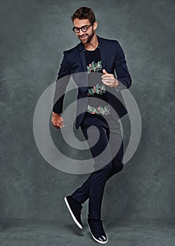 male model, eyewear and fashion portrait in studio for mockup space, style and Brazilian man. Confident, trendy garments