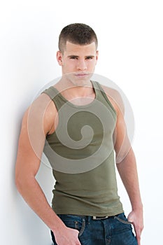 male model with a green singlet