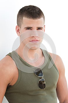 male model with a green singlet