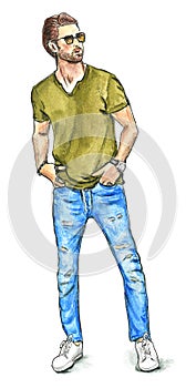 Male model in a t-shirt and jeans Fashion Illustration