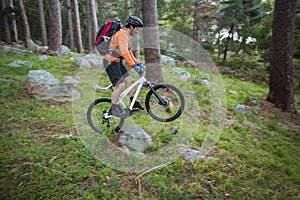 Male mountain biker riding bicycle in the forest