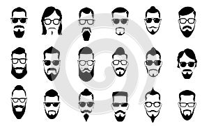 Male moustache, beard and haircut. Vintage moustaches silhouettes, man hairstyle and guy face portrait vector silhouette photo
