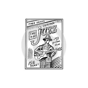 Male musician with a guitar in a hat. Hand drawn logo or badge.Jazz poster or banner. Doodle vector illustration. Hand