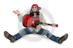 Male musician with guitar isolated on white photo