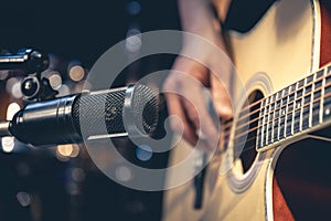 Male musician playing acoustic guitar behind microphone in recording studio.