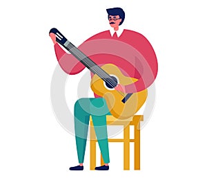 Male musician playing acoustic guitar sitting on stool. Cartoon guitarist holding instrument and performing. Musician