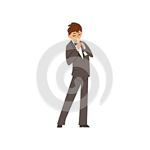 Male musician playing flute, flutist man wearing black elegant suit playing classical music vector Illustration on a