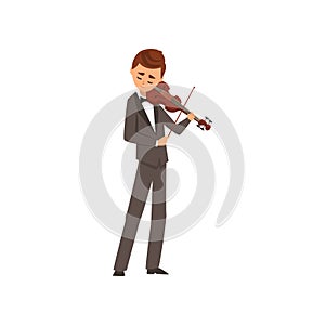Male musician playing violin, violinist wearing black elegant suit playing classical music vector Illustration on a