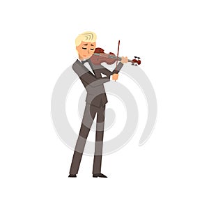 Male musician wearing a classic suit playing violin, violinist playing classical music vector Illustration on a white