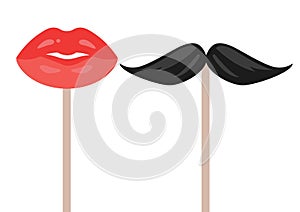 Male mustache and female lips set. Isolated vector clip art. Traditional celebration mask. Fun photo props.