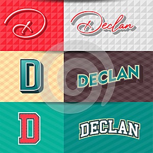 ,Male name,DECLAN in various Retro graphic design elements, set of vector Retro Typography graphic design illustration
