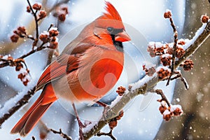 The male Northern Cardinal bird in winter forest.Songbird with red crest