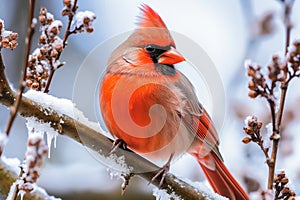 The male Northern Cardinal bird in winter forest.Songbird with red crest