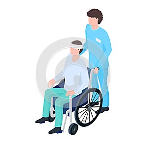 Male nurse pushing older man in wheelchair, both wearing casual and medical attire. Healthcare worker assisting elderly