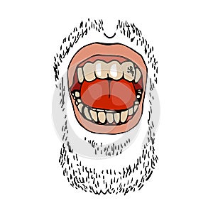 Male open mouth with teeth, tongue, stubble, emotion laughter