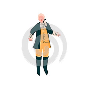 Male Opera Singer Performing On Stage, Man Giving Representation in Ancient Suit and Wig Vector Illustration