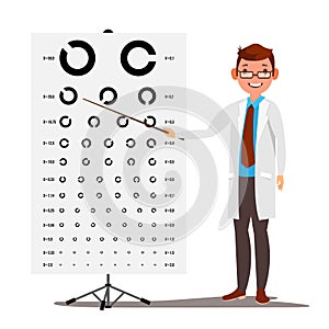 Male Ophthalmology Vector. Sight, Eyesight. Optical Examination. Doctor And Eye Test Chart In Clinic. Ophthalmologist