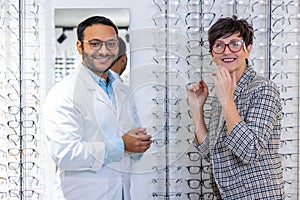 Male optometrist helping a woman to choose eyeglasses