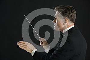 Male Orchestra Conductor Directing With His Baton