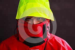 Male outdoorsman with covered face photo