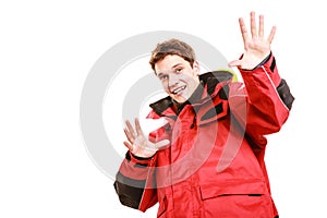 Male outdoorsman making gestures