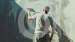 Male painter applying final coat to residential wall using a roller brush for a fresh look photo