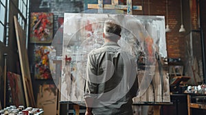 A male painter deeply focused on his work in his studio, bringing his artistic vision to life on canvas