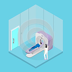 Male patient is being examined on a tomograph in a hospital under