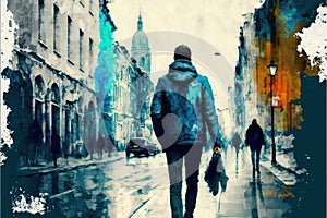 Male pedestrian strolling through urban street adorned with nonrepresentational artwork. illustration painting