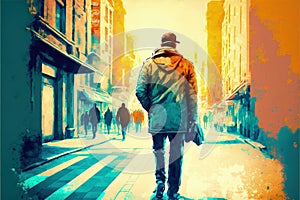 Male pedestrian strolling through urban street adorned with nonrepresentational artwork. illustration painting