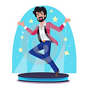 Male performer dancing happily stage, spotlight, stars background. Entertainer costume, vibrant photo