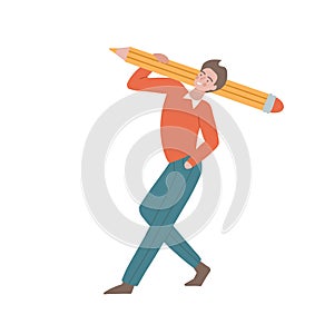 Male person carries a huge pencil on his shoulder. Student with a large pencil. Boy or young man raise a big pencil for