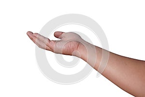 Male person hand receiving gesture, asking for help or donation, cut out isolated