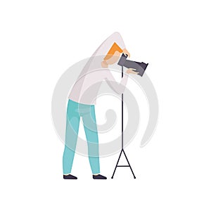 Male Photographer Taking Photo Using Professional Equipment, Cameraman Character Making Picture Vector Illustration