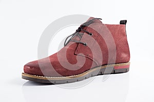 Male pink leather boot on white background, isolated product.